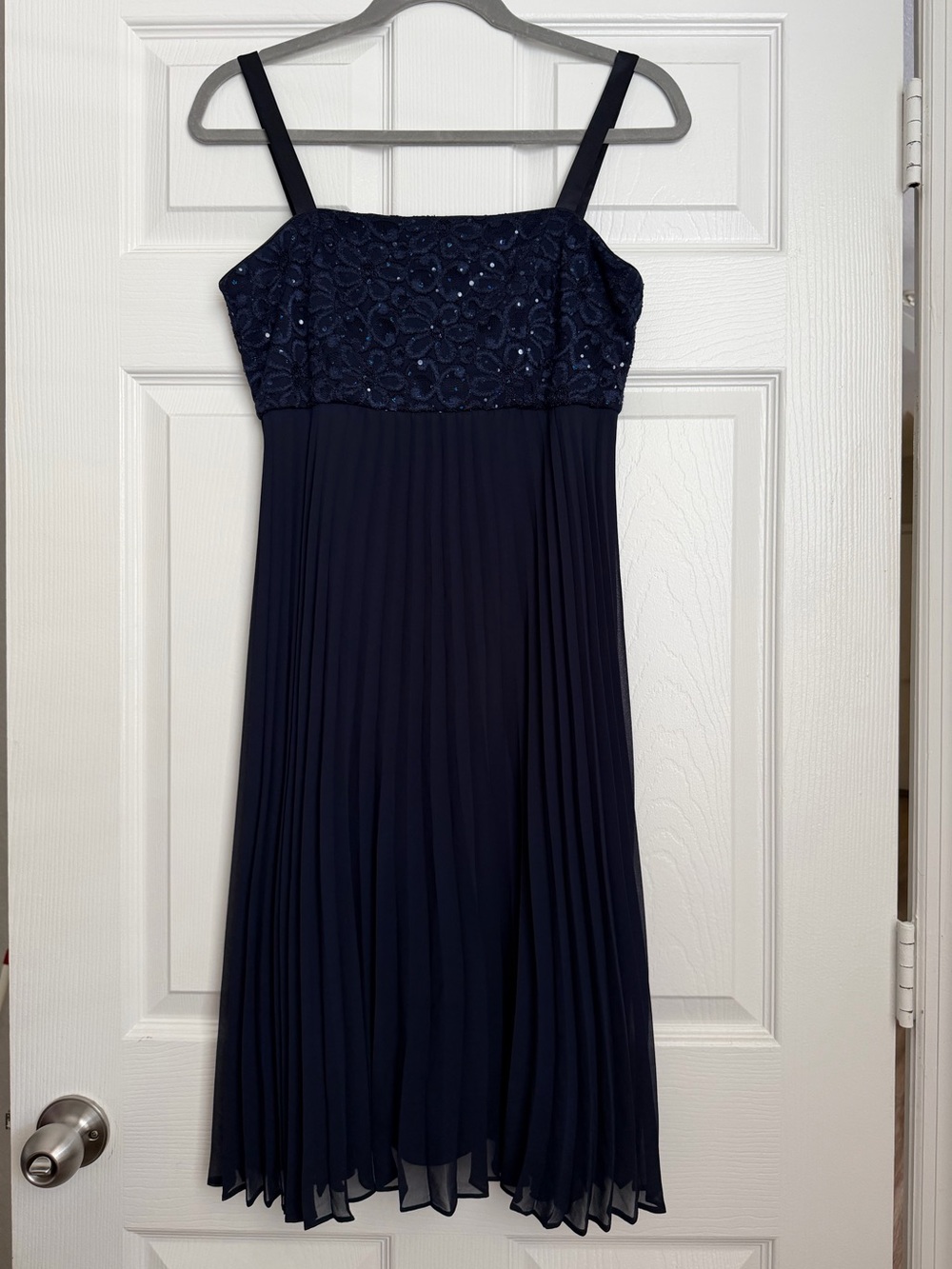 R & M Navy Pleated Evening Dress with Sequin Bodice - Size 8